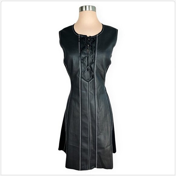 BCBGMaxAzria BCBG Jolee Lace-Up Faux Leather Ponte Knit Flared Dress New NWT L - Picture 3 of 7